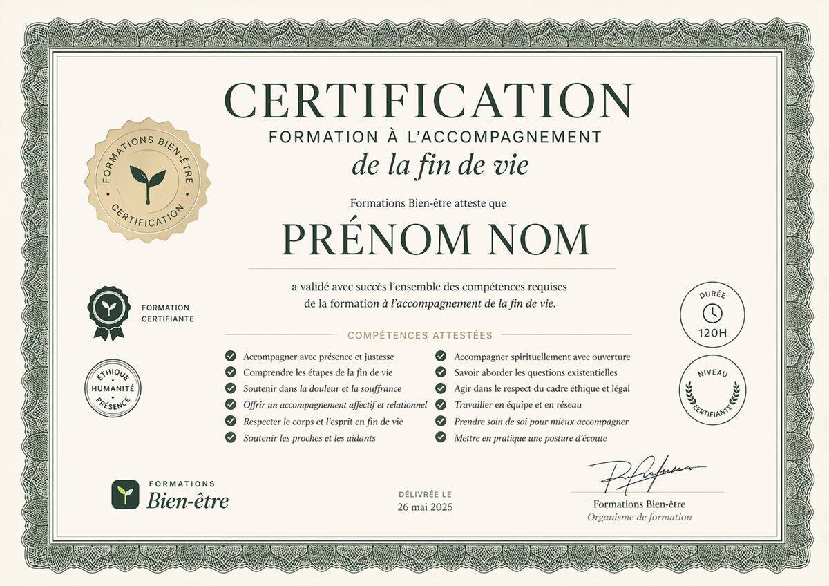 Certificat imprimable de la formation à l'accompagnement de la fin de vie
